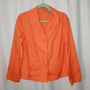 Chico's Ribbed Stetch Cotton Jacket Blazer Relaxed Fit Ornge Coral Pockets sz: 2